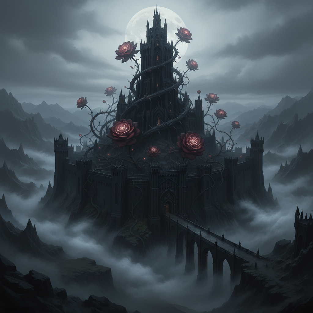 A midnight-black fortress rising from a mist-covered valley, its tallest tower wrapped with massive, thorned rose vines bearing dark crimson blossoms that appear almost luminous against the stone. At the base of the fortress, a narrow stone bridge arches over a chasm filled with swirling fog. The scene is illuminated by a pale, overcast moon that casts cold, silvery light, creating stark contrasts on the walls and delicate highlights on the rose petals. Photographic realism with a wide, cinematic composition from a distant elevated vantage point, capturing the full structure and surrounding landscape. The mood is darkly majestic and foreboding, perfectly embodying a fantasy kingdom steeped in beauty, danger, and ancient magic.