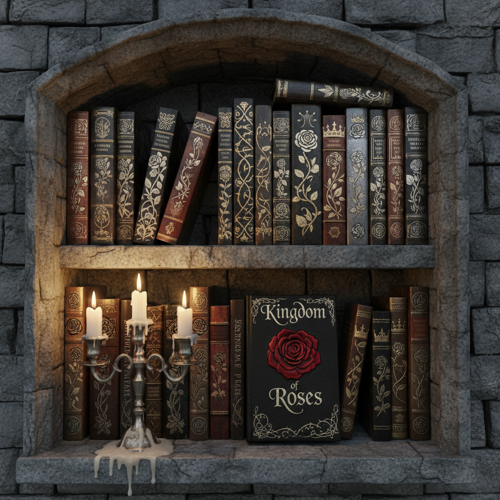 A stone library alcove built into a castle wall, shelves carved directly into the grey stone and filled with meticulously arranged fantasy books, all with rose motifs and intricate metallic foiling on their spines. A single prominent volume titled “Kingdom of Roses” stands slightly forward, its black cover adorned with a blood-red embossed rose and delicate thorned vines. A tarnished silver candleholder holds three nearly spent candles, their wax pooled and cooled. Soft, flickering candlelight provides the primary illumination, creating moving highlights on the book spines and deep, dramatic shadows in the recesses. Photographic realism, eye-level composition with sharp focus throughout, evoking a sophisticated, secretive atmosphere of arcane knowledge and exclusive content.