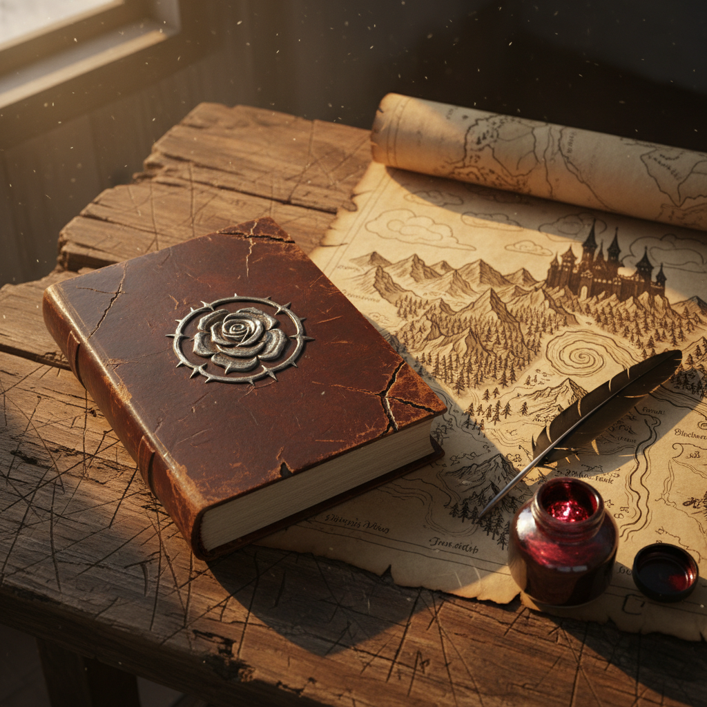 A weathered leather journal embossed with a silver rose crest lies closed atop an ancient, cracked wooden table, its surface scarred with faint runes and knife marks. Beside it, a detailed, hand-drawn map of a sprawling fantasy kingdom is partially unrolled, showing forests, mountains, and a looming dark castle. A black quill and an inkwell of shimmering deep red ink rest nearby, casting long, delicate shadows. Golden hour light streams through off-frame, illuminating dust motes in the air and bathing the journal and map in a warm, dramatic glow. Photographic realism, shot from a slightly elevated angle with rule-of-thirds composition, creating a contemplative, lore-rich atmosphere that suggests hidden histories and forthcoming books in the series.