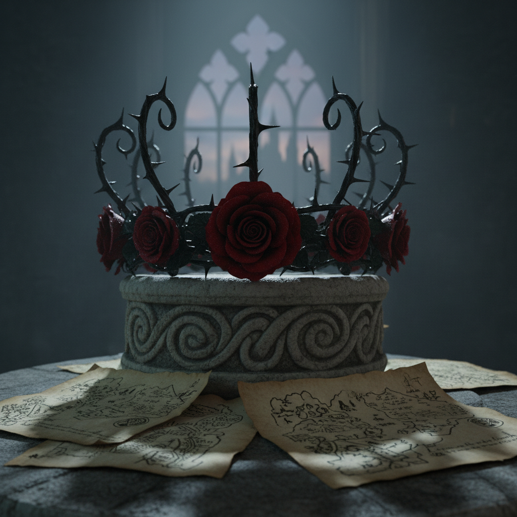 An ornate iron crown entwined with deep red, almost black roses, each petal showing fine veins and a faint dew-like sheen, rests on a stone pedestal carved with subtle thorn patterns. Around it lie scattered parchment pages bearing faded, elaborate handwriting and sketched maps of an unknown kingdom. Cool, moody twilight light filters through an unseen window, creating gentle rim lighting around the crown’s silhouette and soft shadows across the stone surface. Shot in photographic realism from a slightly low angle, with the crown centered and background softly blurred, the scene feels regal yet ominous, evoking the dark allure and perilous beauty of a fantasy realm ruled by roses and thorns.